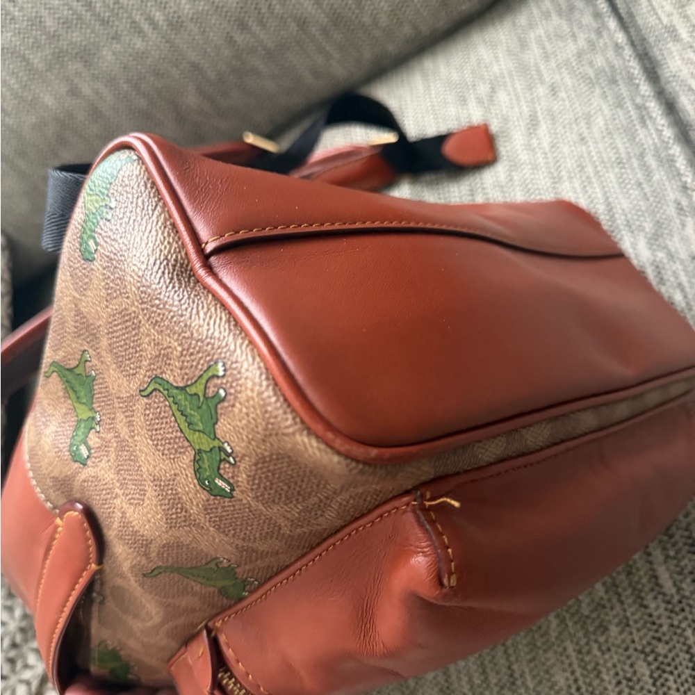 Coach Rexy Medium Backpack with Green Dino Print and Rust Leather - Picture 6 of 10